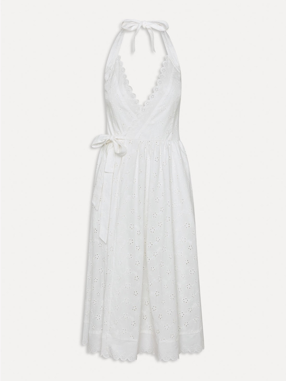 White Eyelet Halter Wrap Midi Dress -White Eyelet Halter Wrap Midi Dress